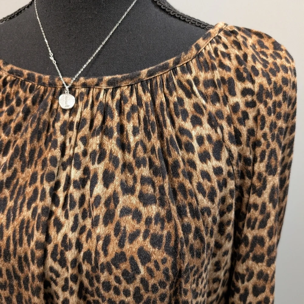 Michael Kors Leopard Printed Peasant Top Toffee 3/4 Sleeves
